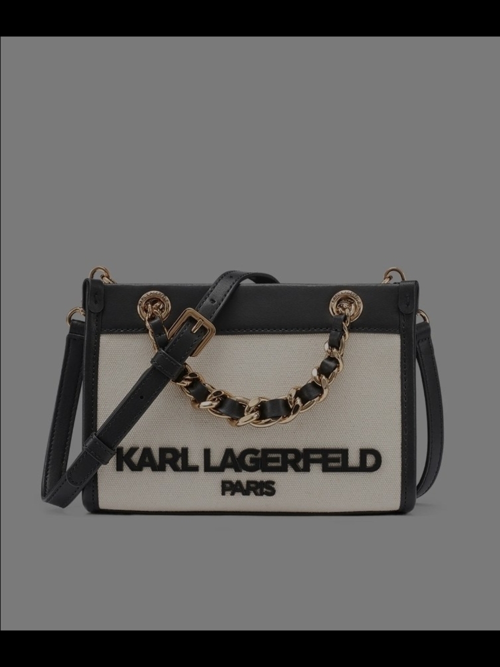 Karl Lagerfeld Black and Cream Canvas Chain-Trim Crossbody